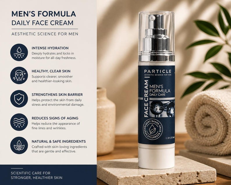 May include: A face cream bottle labelled "MEN'S FORMULA DAILY FACE CREAM" is shown on a stone surface. The bottle has a white and silver design with a clear pump. The image includes text detailing the product's benefits, including intense hydration and healthy skin.