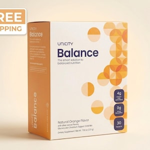 May include: A box of Unicity Balance dietary supplement in natural orange flavor. The box is white and orange with the text "Balance" and "The smart solution to balanced nutrition." It contains 30 packets and weighs 7.53 oz (225 g).