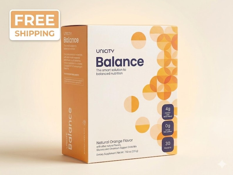 May include: A box of Unicity Balance dietary supplement in natural orange flavor. The box is white and orange with the text "Balance" and "The smart solution to balanced nutrition." It contains 30 packets and weighs 7.53 oz (225 g).