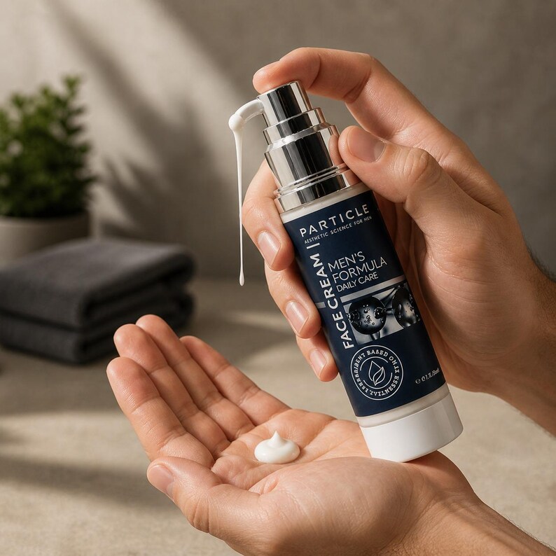 May include: A navy blue and silver face cream bottle with the text "Particle" and "Men's Formula Daily Care". Cream is dispensed onto a hand. The product is for aesthetic science.