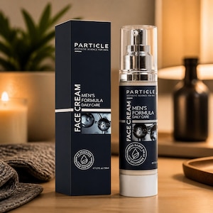May include: A black box and a face cream bottle are displayed on a wooden surface. The box and bottle both feature the text "Particle Aesthetic Science for Men" and "Men's Formula Daily Care Face Cream." The bottle is 50ml.