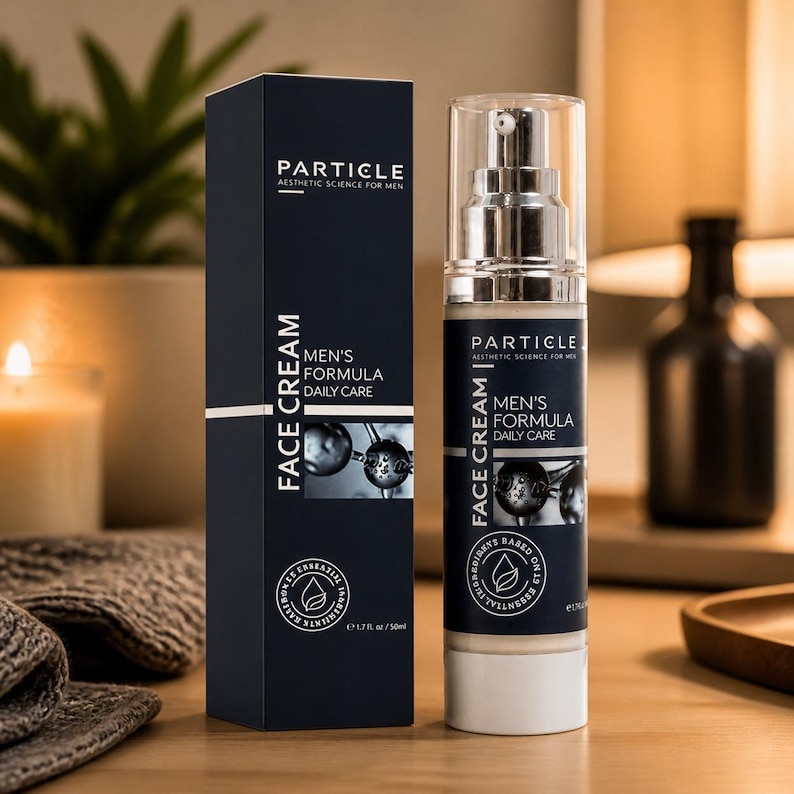 May include: A black box and a face cream bottle are displayed on a wooden surface. The box and bottle both feature the text "Particle Aesthetic Science for Men" and "Men's Formula Daily Care Face Cream." The bottle is 50ml.
