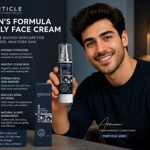 May include: An image of Particle Men's Formula Daily Face Cream. A man is holding the product, a dark blue and white bottle, and a matching box. The text on the bottle and box reads "Men's Formula Daily Face Cream".