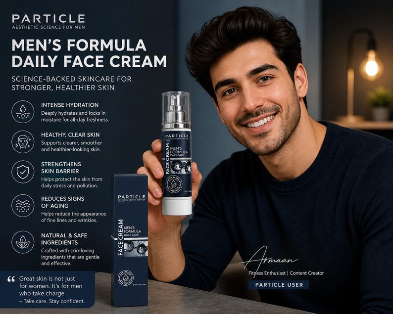 May include: An image of Particle Men's Formula Daily Face Cream. A man is holding the product, a dark blue and white bottle, and a matching box. The text on the bottle and box reads "Men's Formula Daily Face Cream".
