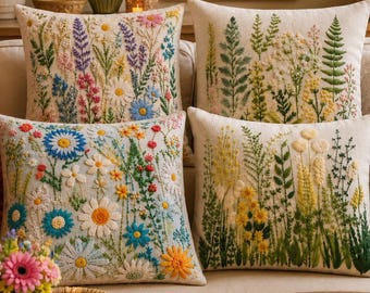 Embroidery Inspired Floral Pillow Cover, Cottagecore Wildflower, Sofa Cushion, Boho Decor
