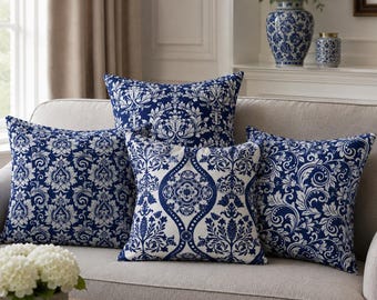 Blue and White Pillow Covers, Ottoman Inspired Floral Damask Cushion Cover