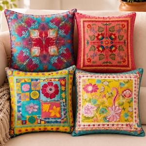 Patchwork Boho Pillow Covers, Colorful Ethnic Floral Cushion Decor