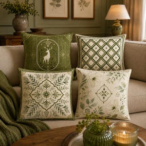 May include: A set of four square throw pillows featuring various green and cream designs. One pillow displays a white deer in an oval frame, another has a green diamond grid, one shows a symmetrical botanical pattern, and one features floral motifs.