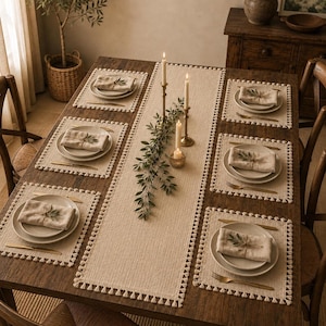 Tischläufer aus Baumwolle & 6 Platzsets, beige Tischdecke mit Quasten