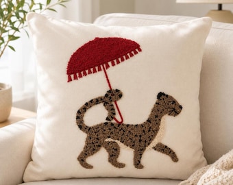 Embroidered Leopard Punch Needle Pillow Cover, Whimsical Animal Umbrella Cushion