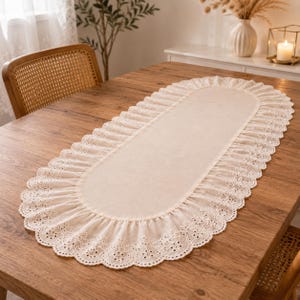 Cream Oval Table Runner with Ruffle Eyelet Lace, Cotton Cottage Table Decor