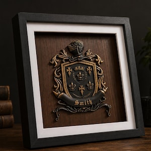 May include: A framed wall art piece featuring a three-dimensional coat of arms with a central shield, a knight's helmet, and decorative scrollwork. The shield displays fleur-de-lis and cross symbols in gold and black, with the name Smith on a banner.