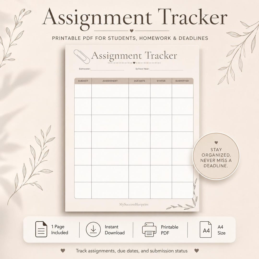 Assignment Tracker Printable | Student Homework Planner PDF | Track Due ...