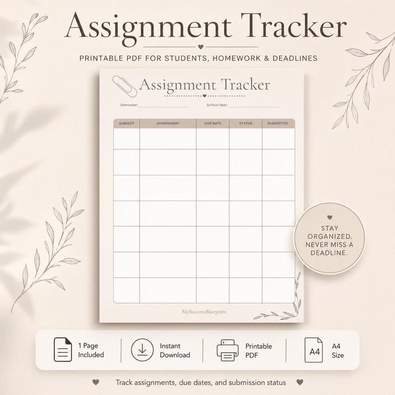 Assignment Tracker Printable | Student Homework Planner PDF | Track Due ...