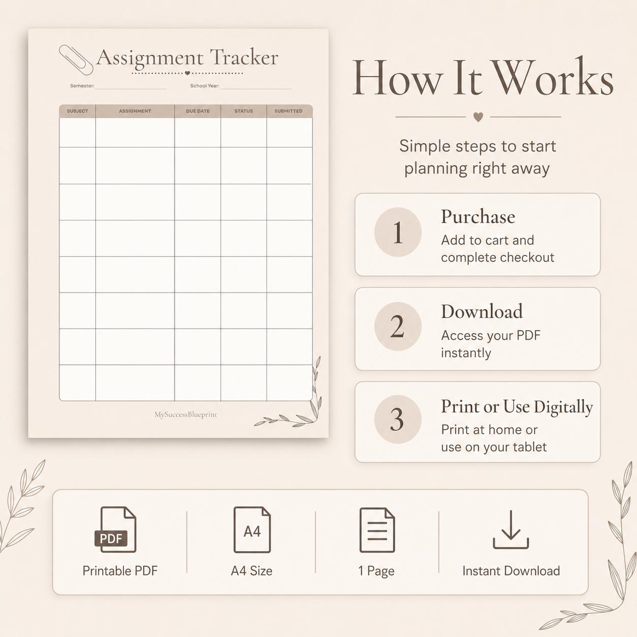 Assignment Tracker Printable | Student Homework Planner PDF | Track Due ...