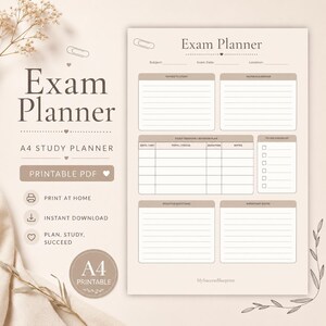 May include: A beige A4 exam planner with the title "Exam Planner". The planner includes sections for topics to study, study sessions, and a to-do checklist. It also features the text "Printable PDF" and "Instant Download". The planner is designed for study.