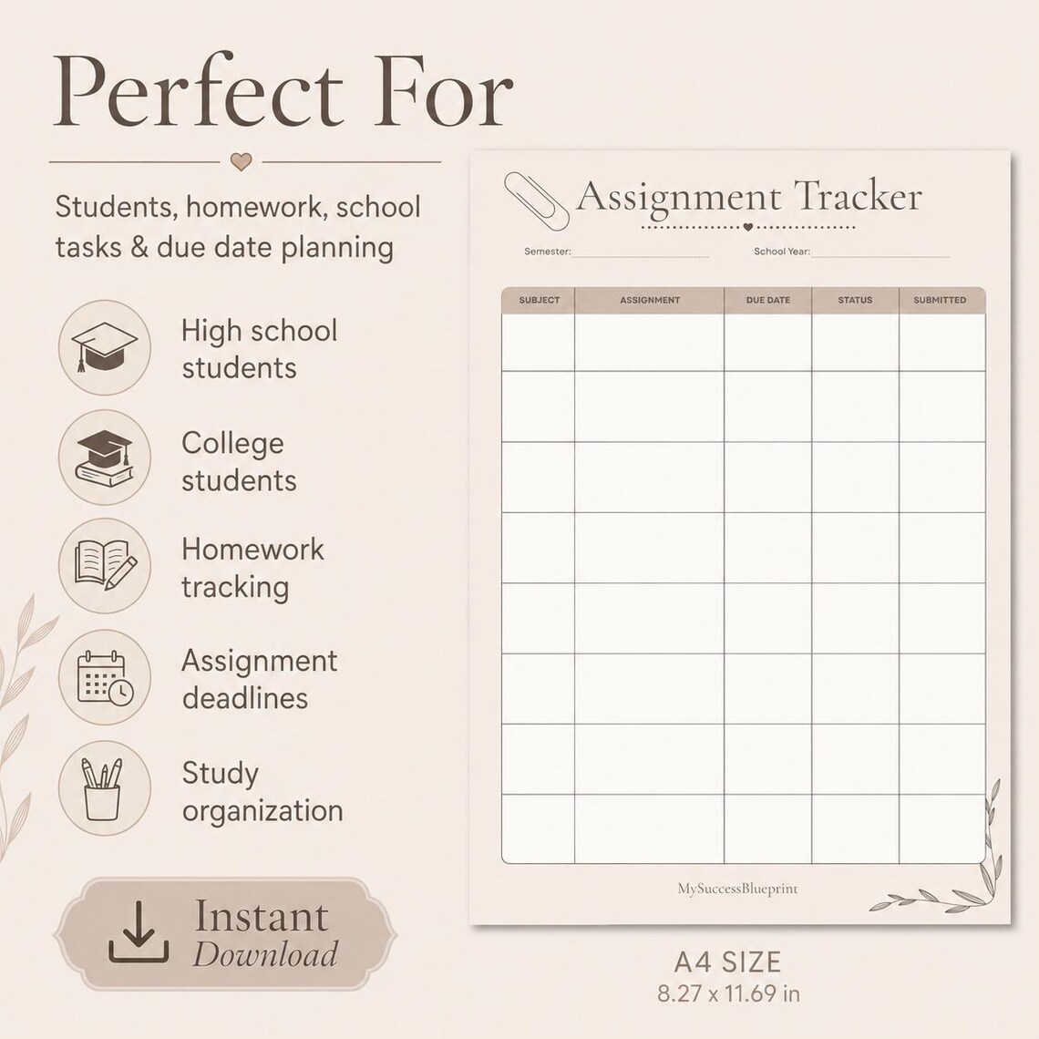 Assignment Tracker Printable | Student Homework Planner PDF | Track Due ...
