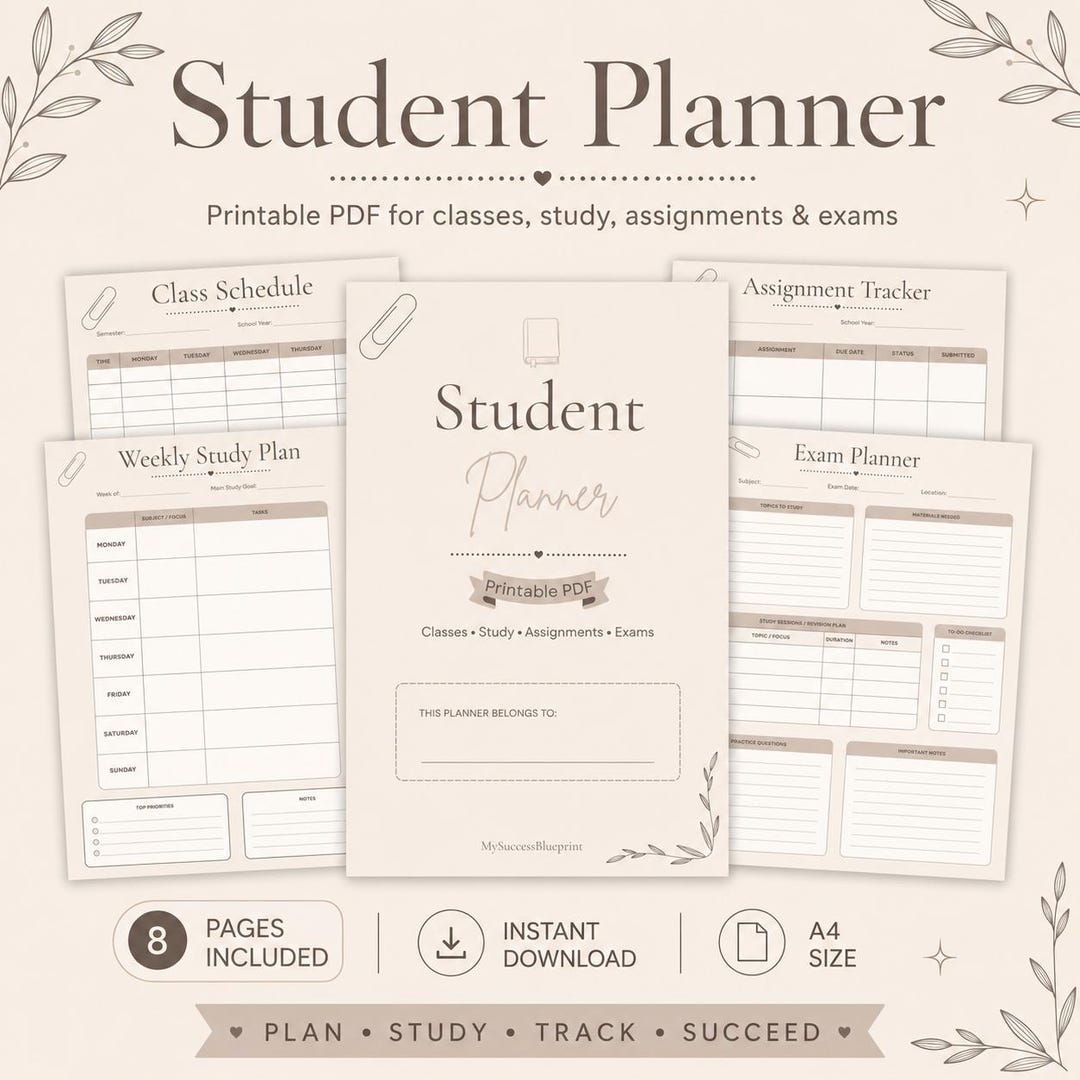 Minimalist Student Planner Printable PDF (class, Study, Exams) - Etsy