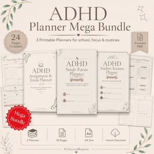 May include: ADHD Planner Mega Bundle with three printable planners for school, focus, and routines. The bundle includes 24 pages and is available for instant download. The planners are in A4 size.