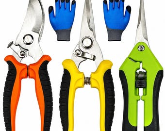 Juego de 4 tijeras de podar de acero inoxidable con guantes de jardinería