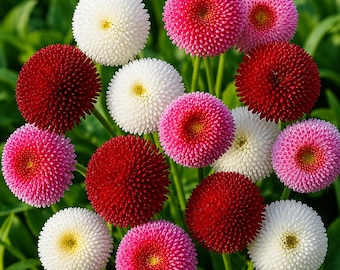 Semillas de margarita inglesa Pompon Double Mix para plantar, coloridas flores perennes de jardín.