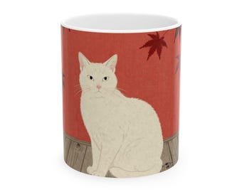Mug Ukiyo-e White Cat Maple Glow