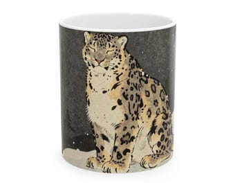 Taza de cerámica con diseño de leopardo de las nieves y cielo estrellado estilo Ukiyo-e / Taza de café de cerámica con paisaje celestial japonés