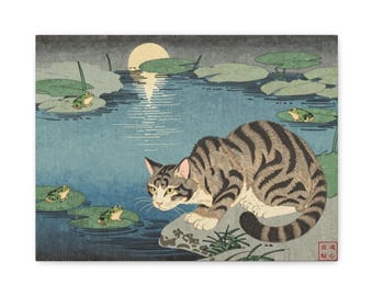 Ukiyo-e Canvas Print Cat Frog Moon Fishing