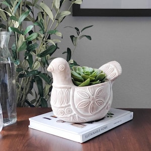 May include: A beige ceramic bird-shaped planter containing a green succulent. The planter features etched floral and geometric patterns. It rests on a white book with the words "SUSTAINABLE HOME" and the author's name. The background includes greenery and a glass bottle.