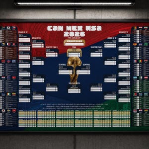Può includere: Un poster incorniciato del tabellone del torneo della Coppa del Mondo FIFA 2026 con il testo CAN MEX USA 2026. Il design include una grafica centrale di un trofeo dorato, colonne di bandiere nazionali e campi vuoti per risultati e date.