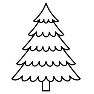 Op de afbeelding: Een zwart-witte lijntekening van een kerstboom. De boom heeft een driehoekige vorm met geschulpte randen voor de takken en een rechthoekige stam. Het ontwerp is eenvoudig en grafisch.