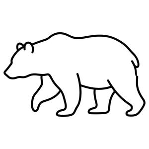 以下が含まれることがあります： 左方向に歩いているクマの白黒線画。クマは横顔で描かれており、その体は太い黒い線で縁取られています。クマには、耳、鼻、4本の足が見えます。