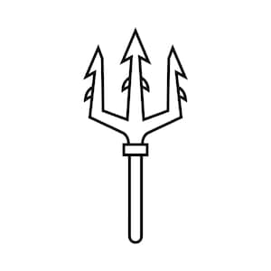 Könnte beinhalten: Schwarz-weiße Illustration eines Dreizacks, eines dreizackigen Speers. Die Zinken des Dreizacks sind spitz und haben kleine, blattartige Details. Der Griff ist eine einfache, gerade Linie, vor weißem Hintergrund.
