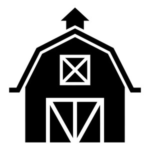 Puede incluir: Ilustración en blanco y negro de un granero. El granero presenta un tejado a dos aguas, una pequeña ventana con un diseño en forma de X y puertas dobles. Una pequeña aguja se encuentra en la parte superior del tejado. La imagen es una representación gráfica simple de un edificio agrícola.