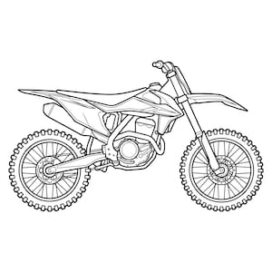 Peut inclure: Illustration en noir et blanc d'une moto de motocross. L'image présente un design détaillé du moteur, des roues et du cadre. Les pneus ont un profil à crampons et le guidon est visible.