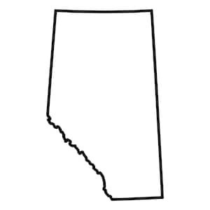 May include: A black and white outline of the Canadian province of Alberta. The shape is rectangular with a curved top and a jagged southern border.