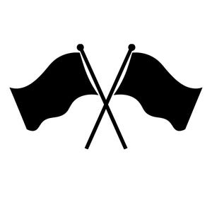 Könnte beinhalten: Illustration von zwei gekreuzten schwarzen Flaggen. Die Flaggen wehen, und ihre Stangen kreuzen sich in der Mitte. Der Hintergrund ist weiß.