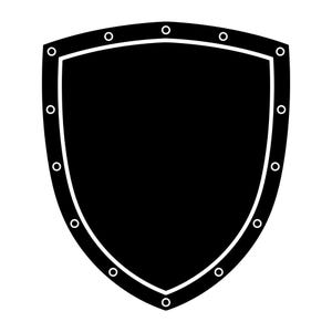 Op de afbeelding: Zwart schildsilhouet met een witte rand en gelijkmatig verdeelde witte cirkels rond de rand. Het schild heeft een afgeronde bovenkant en een puntige onderkant, waardoor een klassieke heraldische vorm ontstaat.