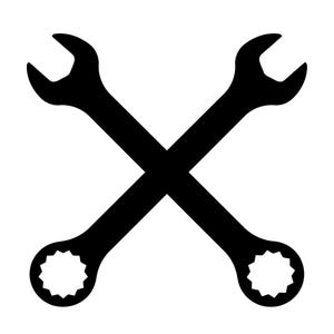 May include: Two black wrenches crossed over each other against a white background. Each wrench has a U-shaped opening on one end and a circular, gear-like opening on the other. The tools are depicted in a simple, graphic style.