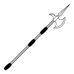 May include: Black and white illustration of a polearm weapon. The weapon features a spearhead, a curved blade, and a spike. The polearm has a long shaft with black grips for handling. The design is a simple outline on a white background.