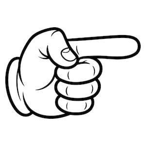 Puede incluir: Ilustración de dibujos animados en blanco y negro de una mano que apunta hacia la derecha. La mano está en un puño con el dedo índice extendido, delineado con gruesas líneas negras.
