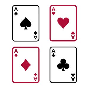 Puede incluir: Cuatro cartas de juego que muestran el As de Picas, Corazones, Diamantes y Tréboles. Las cartas de Picas y Tréboles tienen símbolos y bordes negros, mientras que las cartas de Corazones y Diamantes tienen símbolos y bordes rojos. Todas las cartas tienen la letra "A" en las esquinas.