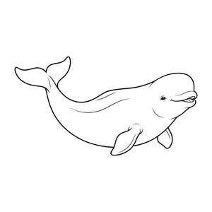 Pode incluir: Uma ilustração de arte linear em preto e branco de uma baleia beluga. O desenho mostra a baleia em posição de nado, destacando sua cabeça arredondada, pequenas nadadeiras peitorais e uma nadadeira caudal curva, com contornos claros.