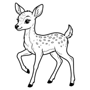 May include: A black and white illustration of a young deer, or fawn, with a spotted coat and large eyes. The deer is shown in a walking pose, with one leg raised. The image is a simple line drawing, suitable for colouring or use as a graphic.