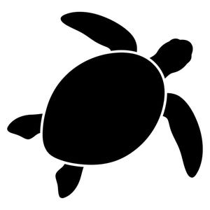Puede incluir: Silueta negra de una tortuga marina sobre fondo blanco. Vista desde arriba, la tortuga tiene un cuerpo redondeado y extremidades en forma de aletas. El diseño es simple y gráfico, adecuado para diversas aplicaciones.