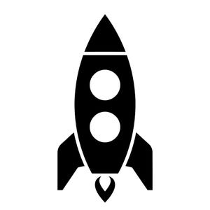 May include: A black and white rocket ship icon. The rocket has a triangular top, two circular windows, and fins. A flame emanates from the bottom. The design is simple and graphic, suitable for various applications.