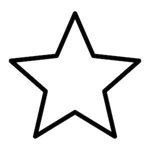 Peut inclure: Un contour noir d'une étoile à cinq branches sur fond blanc. La forme de l'étoile est clairement définie par des lignes épaisses et pleines, créant un graphisme audacieux et simple.