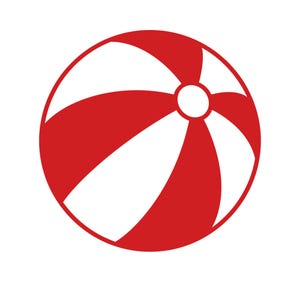 May include: A red and white beach ball with alternating curved stripes. The ball is a classic design, perfect for summer fun at the beach or pool. The ball is round and has a white circle in the center.