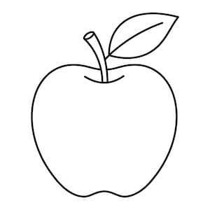 May include: A black and white line drawing of an apple. The apple has a stem and a leaf. The apple is a simple outline, perfect for coloring or use in a design.
