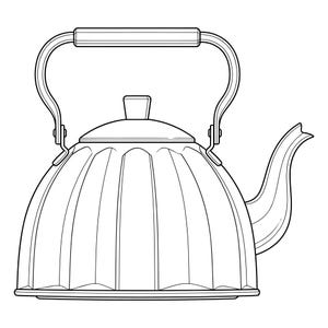 May include: A black and white line drawing of a kettle. The kettle has a rounded body with vertical ridges, a curved spout, and a handle that arches over the top. The lid has a small knob.